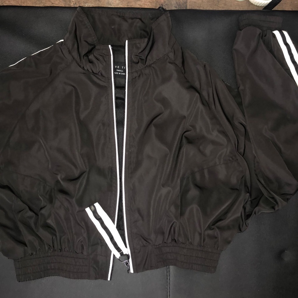 Cropped Black Jacket With White Stripes On Sleeves